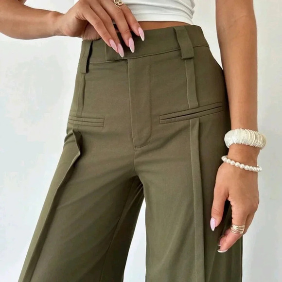 Women's High Waist Wide Leg Ruched Pocket Decor Autumn Wide Leg Pants - Picture 1 of 6